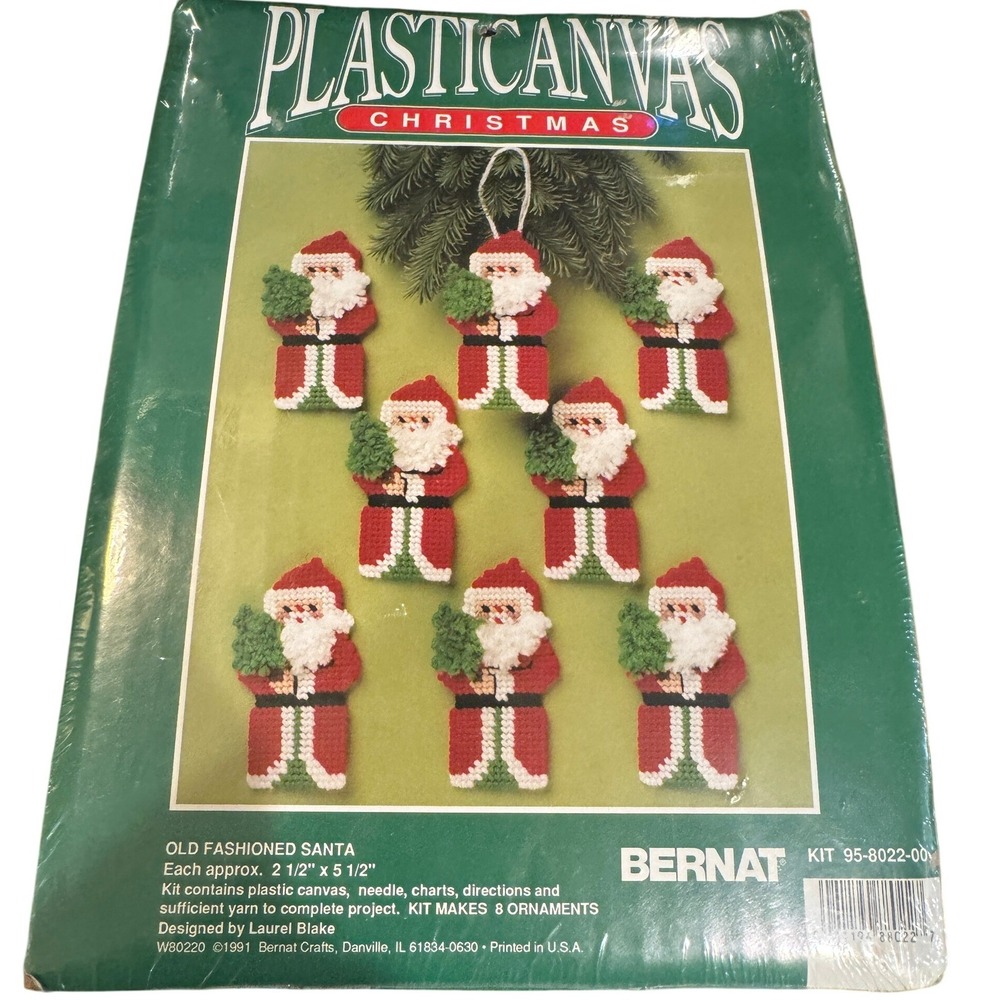 Bernat Plastic‎ Canvas Christmas Kit Old Fashioned Santa 8 Ornaments 1991 SEALED